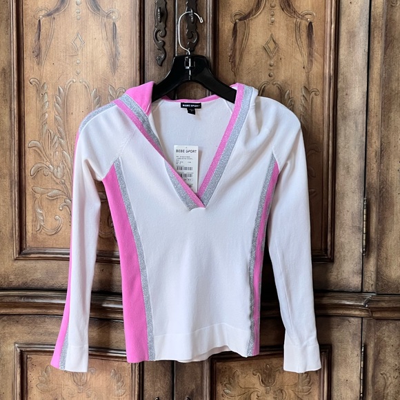 bebe Tops - Bebe SPORT NWT White Pink Silver V-Neck Hoodie Long Sleeve Stretch Top Sz S